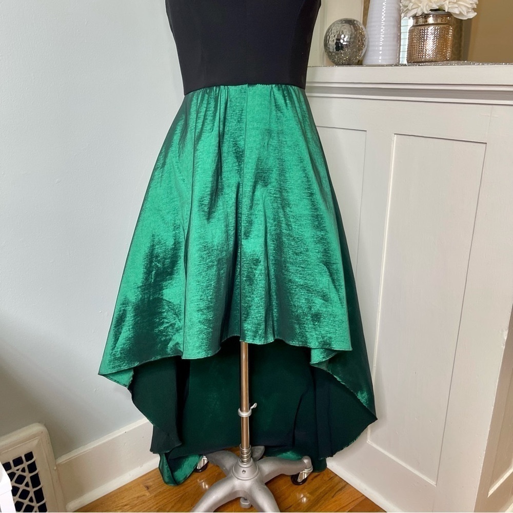 Betsy & Adam V Neck High Low Maxi Prom Dress Formal Gown Emerald Green Black 10 - Picture 5 of 10